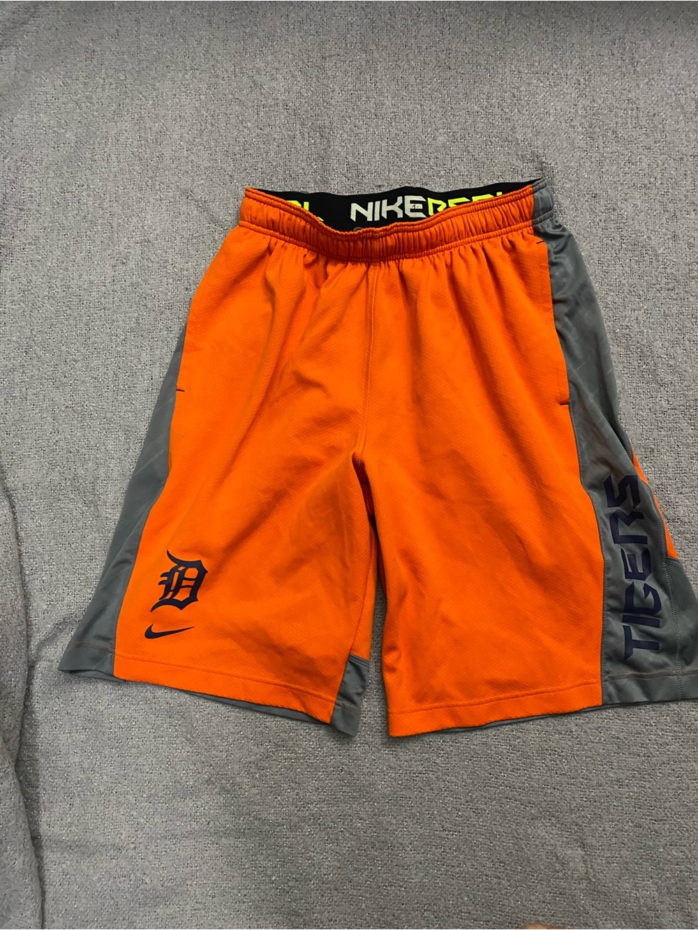 Nike Men’s Orange and Gray Athletic Shorts with Detroit Tigers Branding